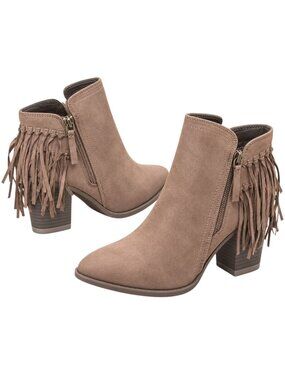 Boho Stylish Taupe Fringe Western Suede Ankle Boots Block Heel Booties